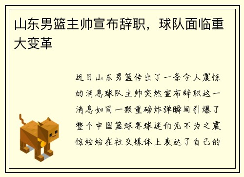 山东男篮主帅宣布辞职，球队面临重大变革