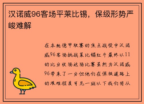 汉诺威96客场平莱比锡，保级形势严峻难解