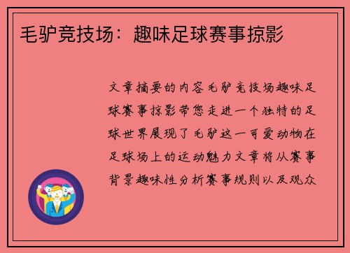 毛驴竞技场：趣味足球赛事掠影