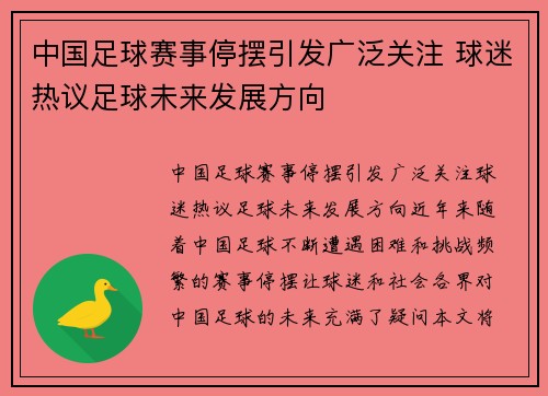 中国足球赛事停摆引发广泛关注 球迷热议足球未来发展方向