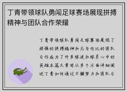 丁青带领球队勇闯足球赛场展现拼搏精神与团队合作荣耀