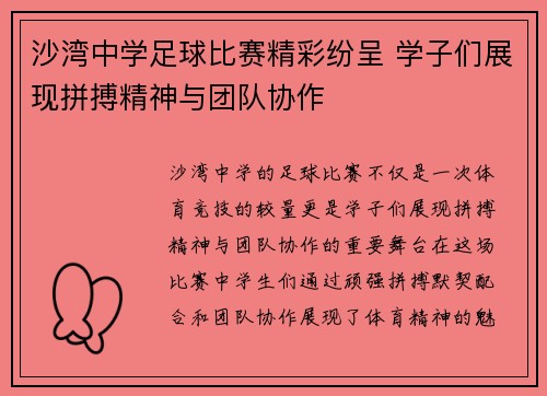 沙湾中学足球比赛精彩纷呈 学子们展现拼搏精神与团队协作