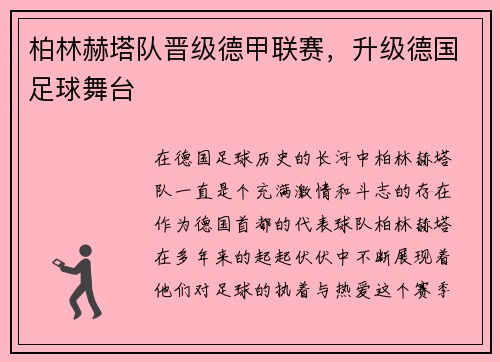柏林赫塔队晋级德甲联赛，升级德国足球舞台