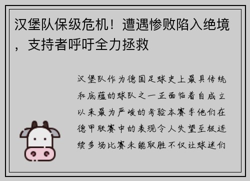 汉堡队保级危机！遭遇惨败陷入绝境，支持者呼吁全力拯救