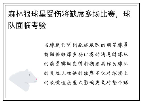 森林狼球星受伤将缺席多场比赛，球队面临考验