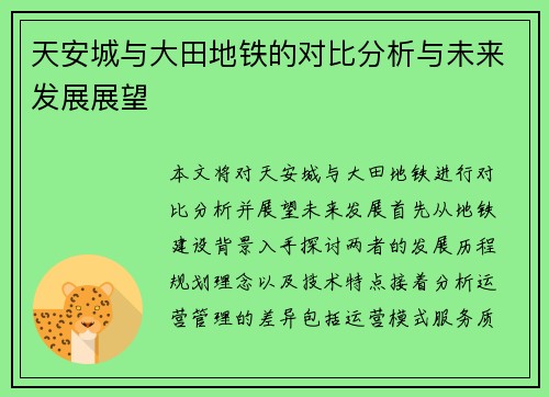 天安城与大田地铁的对比分析与未来发展展望