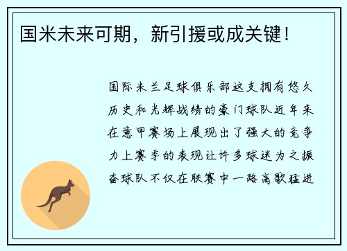 国米未来可期，新引援或成关键！