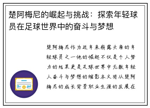 楚阿梅尼的崛起与挑战：探索年轻球员在足球世界中的奋斗与梦想