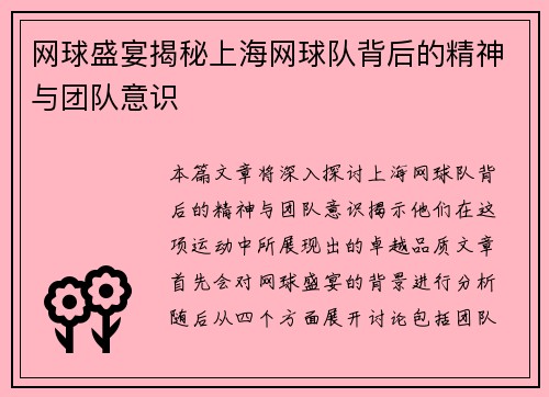 网球盛宴揭秘上海网球队背后的精神与团队意识