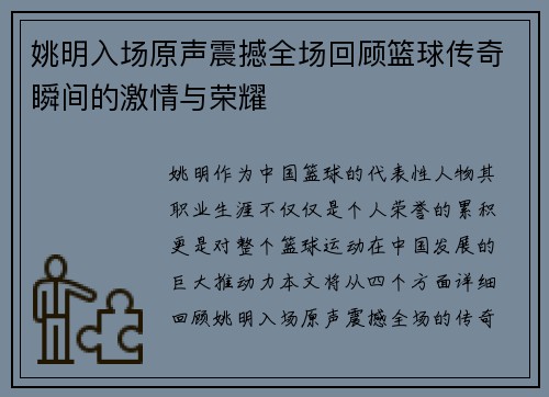 姚明入场原声震撼全场回顾篮球传奇瞬间的激情与荣耀