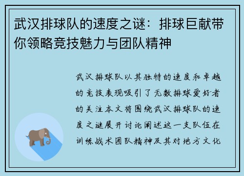 武汉排球队的速度之谜：排球巨献带你领略竞技魅力与团队精神